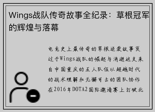 Wings战队传奇故事全纪录：草根冠军的辉煌与落幕